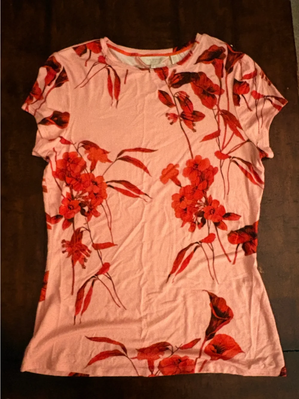 Ted Baker Peach and Red Floral Print T-shirt in Ted Size 4/ US Size 10.